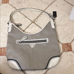 Coach grey and white all leather shoulder bag.